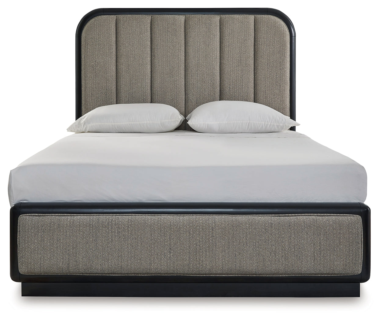 Rowanbeck Gray/Black Queen Upholstered Panel Bed, Dresser, Mirror and Nightstand (Online Special Price) - Ornate Home