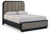 Rowanbeck Gray/Black Queen Upholstered Panel Bed, Dresser, Mirror and Nightstand (Online Special Price) - Ornate Home