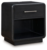 Rowanbeck Gray/Black Queen Upholstered Panel Bed, Dresser, Mirror and Nightstand (Online Special Price) - Ornate Home