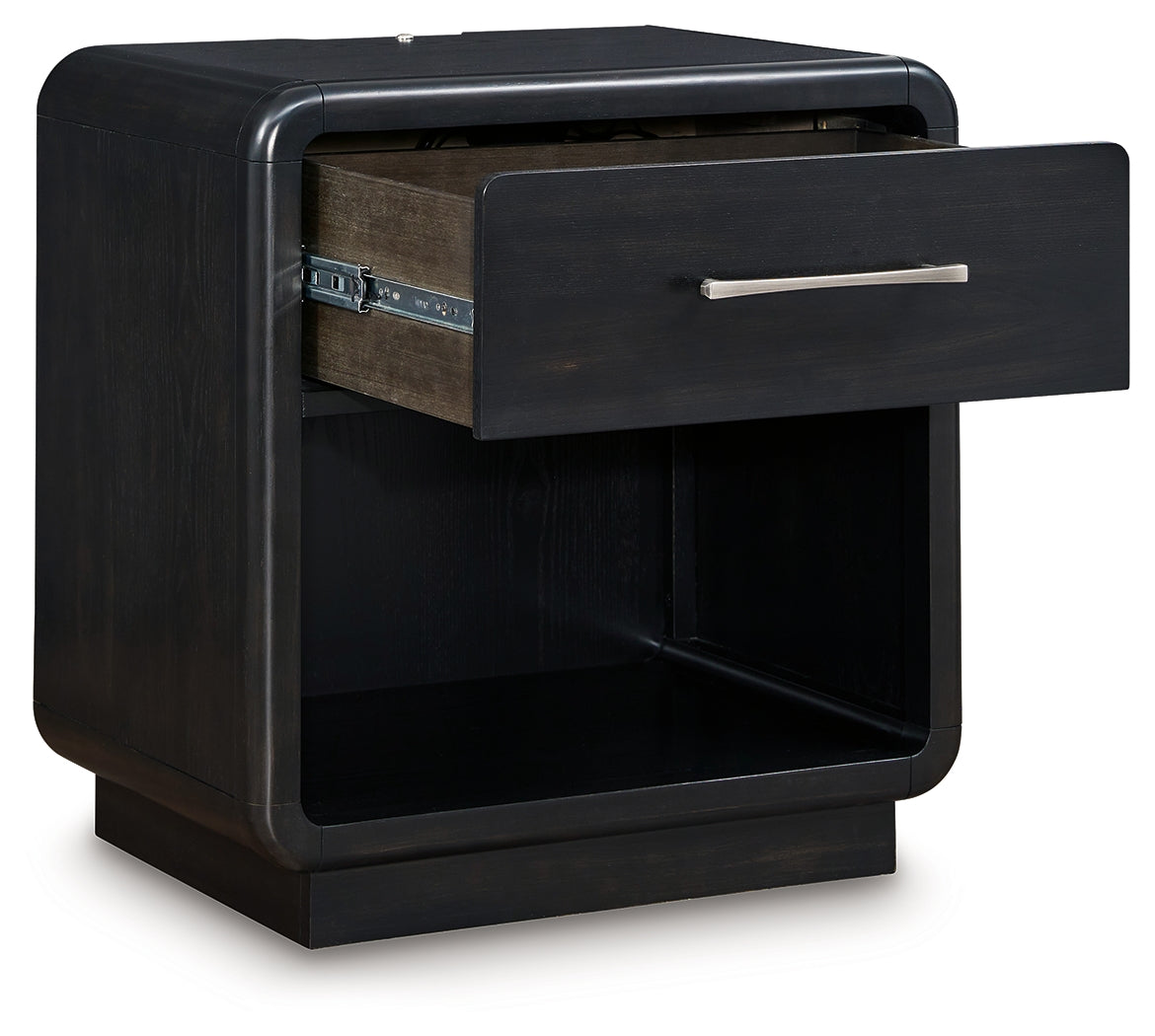 Rowanbeck Gray/Black Queen Upholstered Panel Bed, Dresser, Mirror and Nightstand (Online Special Price) - Ornate Home
