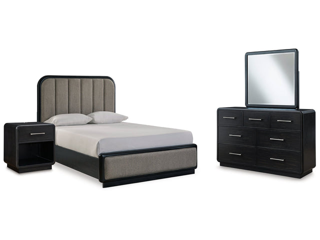 Rowanbeck Gray/Black Queen Upholstered Panel Bed, Dresser, Mirror and Nightstand - Ornate Home