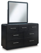 Rowanbeck Gray/Black Queen Upholstered Panel Bed, Dresser, Mirror and Nightstand - Ornate Home