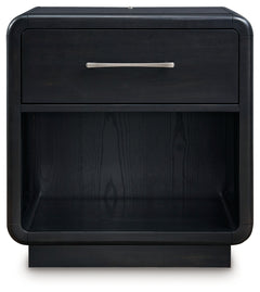 Rowanbeck Gray/Black Queen Upholstered Panel Bed, Dresser, Mirror and Nightstand - Ornate Home