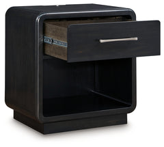 Rowanbeck Gray/Black Queen Upholstered Panel Bed, Dresser, Mirror and Nightstand - Ornate Home