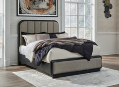 Rowanbeck Gray/Black Queen Upholstered Panel Bed, Dresser, Mirror and Nightstand - Ornate Home