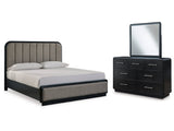 Rowanbeck King Upholstered Panel Bedroom Set with Dresser and Mirror (Online Special Price) - Ornate Home
