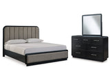 Rowanbeck King Upholstered Panel Bedroom Set with Dresser and Mirror - Ornate Home