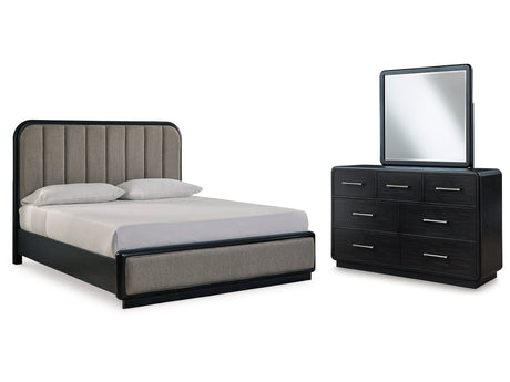 Rowanbeck King Upholstered Panel Bedroom Set with Dresser and Mirror - Ornate Home