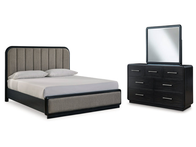 Rowanbeck King Upholstered Panel Bedroom Set with Dresser and Mirror - Ornate Home