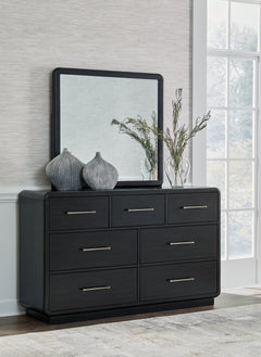 Rowanbeck King Upholstered Panel Bedroom Set with Dresser and Mirror - Ornate Home