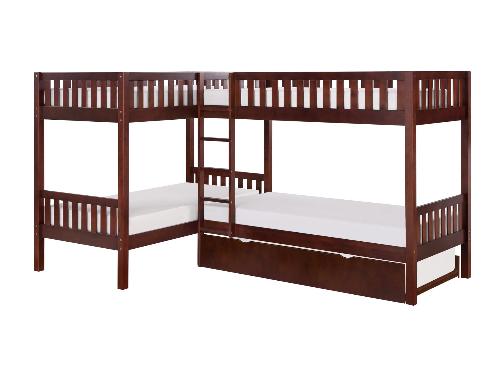 Rowe Dark Cherry Corner Bunk Bed with Twin Trundle - Ornate Home