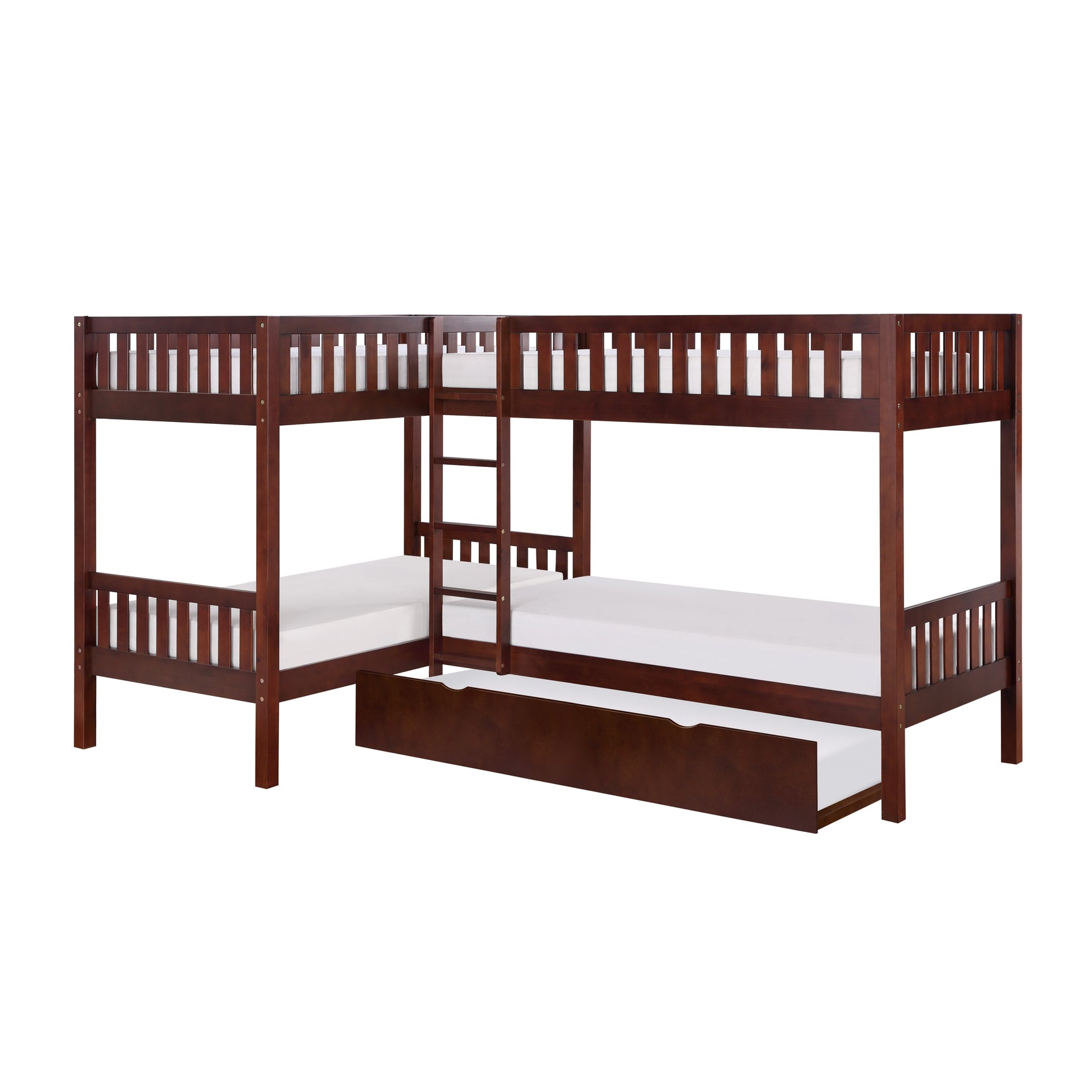 Rowe Dark Cherry Corner Bunk Bed with Twin Trundle - Ornate Home