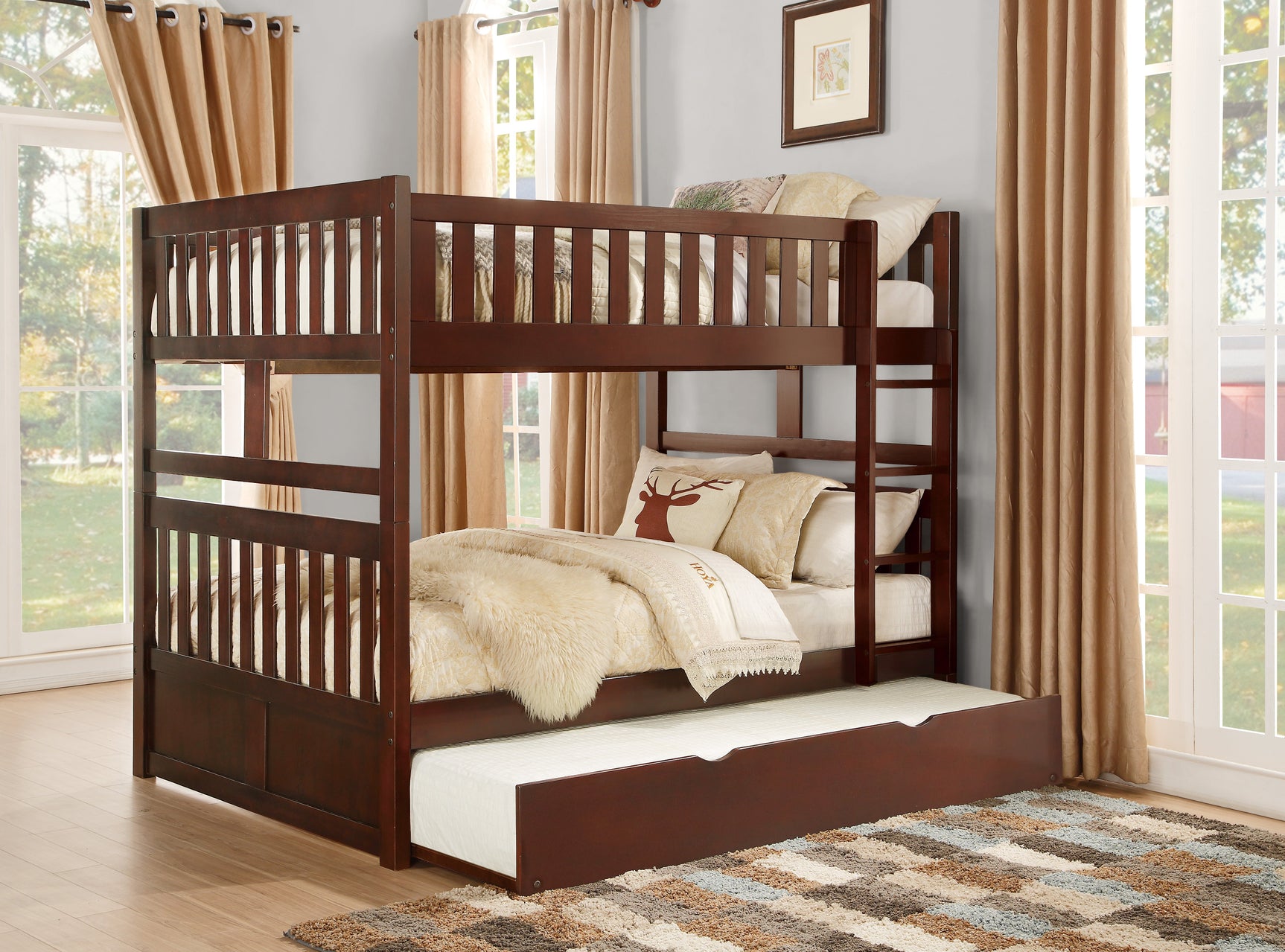 Rowe Dark Cherry Full/Full Bunk Bed with Twin Trundle - Ornate Home