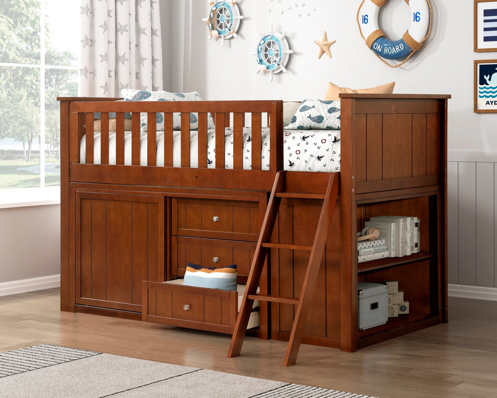 Rowe Dark Cherry Low Loft Bunk with Bookcase & 2 Dressers - Ornate Home