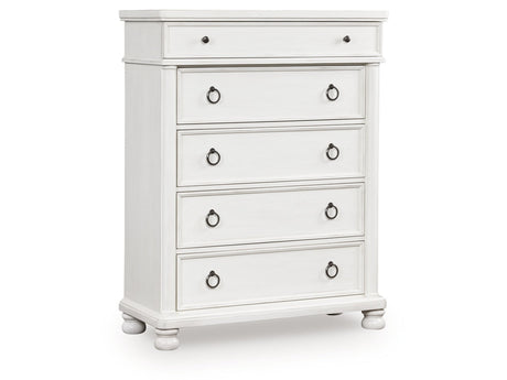 Rowlenstown Antique White Five Drawer Chest - Ornate Home