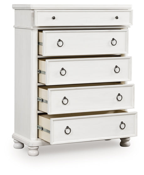 Rowlenstown Antique White Five Drawer Chest - Ornate Home