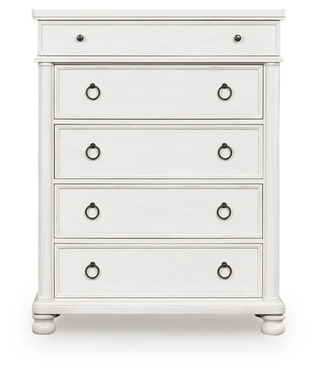 Rowlenstown Antique White Five Drawer Chest - Ornate Home