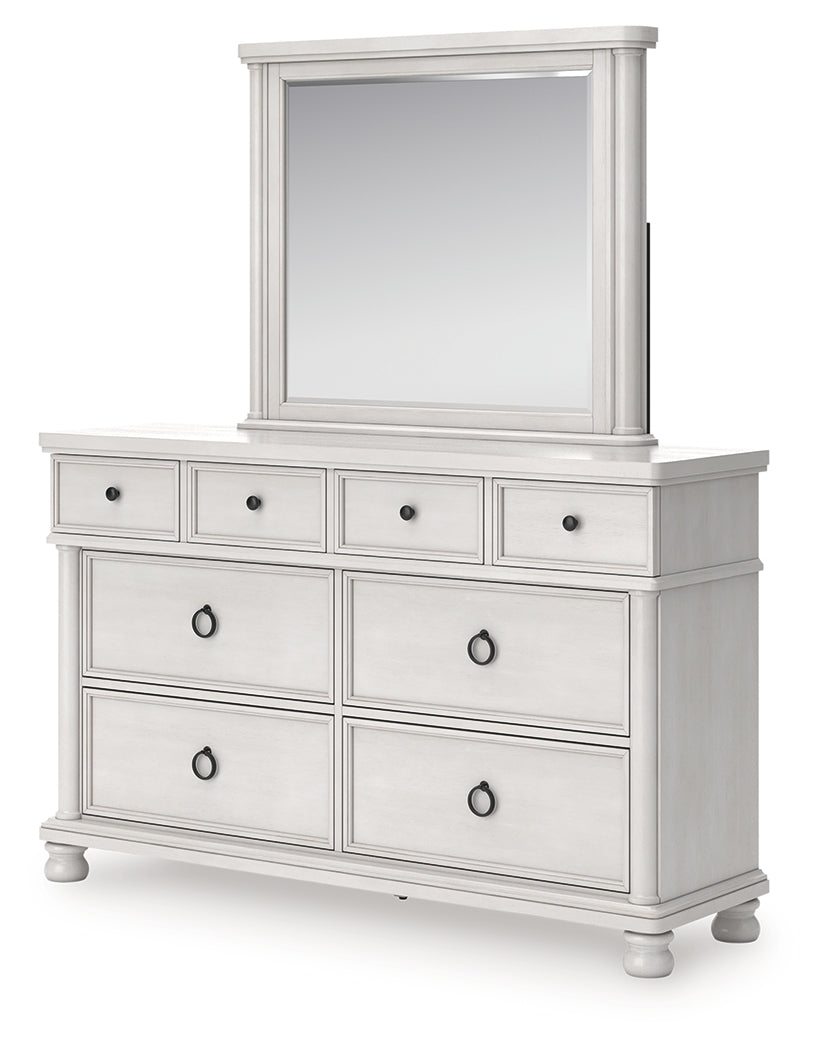 Rowlenstown Antique White Queen Poster Bed, Dresser and Mirror (Online Special Price) - Ornate Home