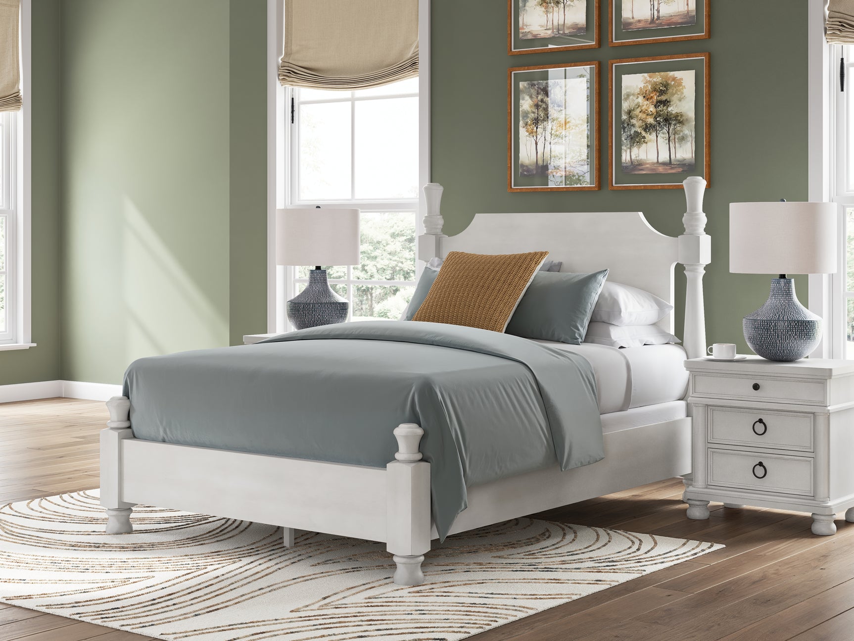 Rowlenstown Antique White Queen Poster Bed, Dresser and Mirror (Online Special Price) - Ornate Home