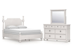 Rowlenstown Antique White Queen Poster Bed, Dresser and Mirror - Ornate Home