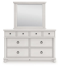 Rowlenstown Antique White Queen Poster Bed, Dresser and Mirror - Ornate Home