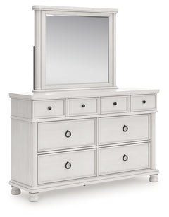 Rowlenstown Antique White Queen Poster Bed, Dresser and Mirror - Ornate Home