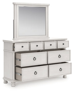 Rowlenstown Antique White Queen Poster Bed, Dresser and Mirror - Ornate Home