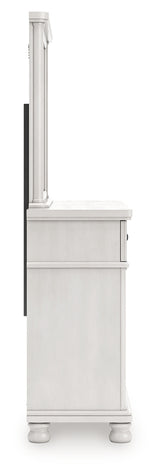 Rowlenstown Antique White Queen Poster Bed, Dresser and Mirror - Ornate Home