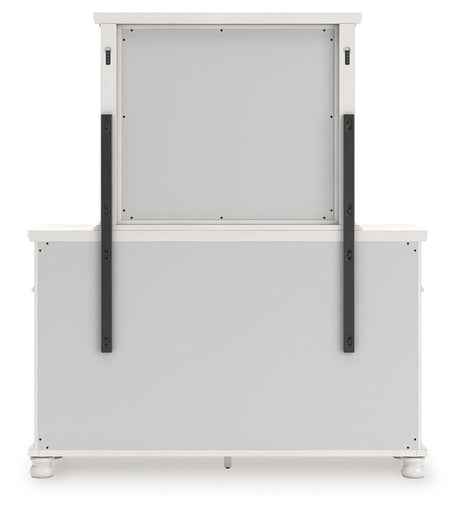 Rowlenstown Antique White Queen Poster Bed, Dresser and Mirror - Ornate Home