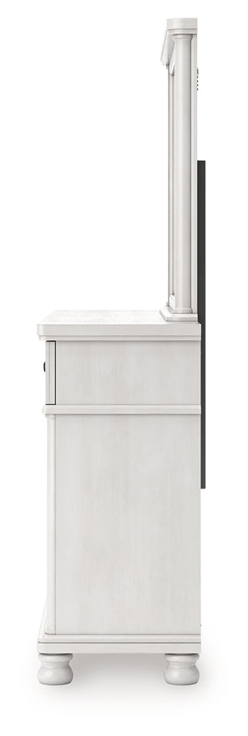 Rowlenstown Antique White Queen Poster Bed, Dresser and Mirror - Ornate Home