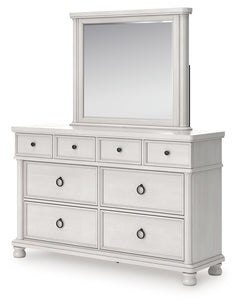 Rowlenstown Antique White Queen Poster Bed, Dresser and Mirror - Ornate Home