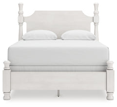 Rowlenstown Antique White Queen Poster Bed, Dresser and Mirror - Ornate Home