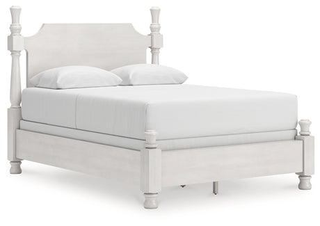 Rowlenstown Antique White Queen Poster Bed, Dresser and Mirror - Ornate Home