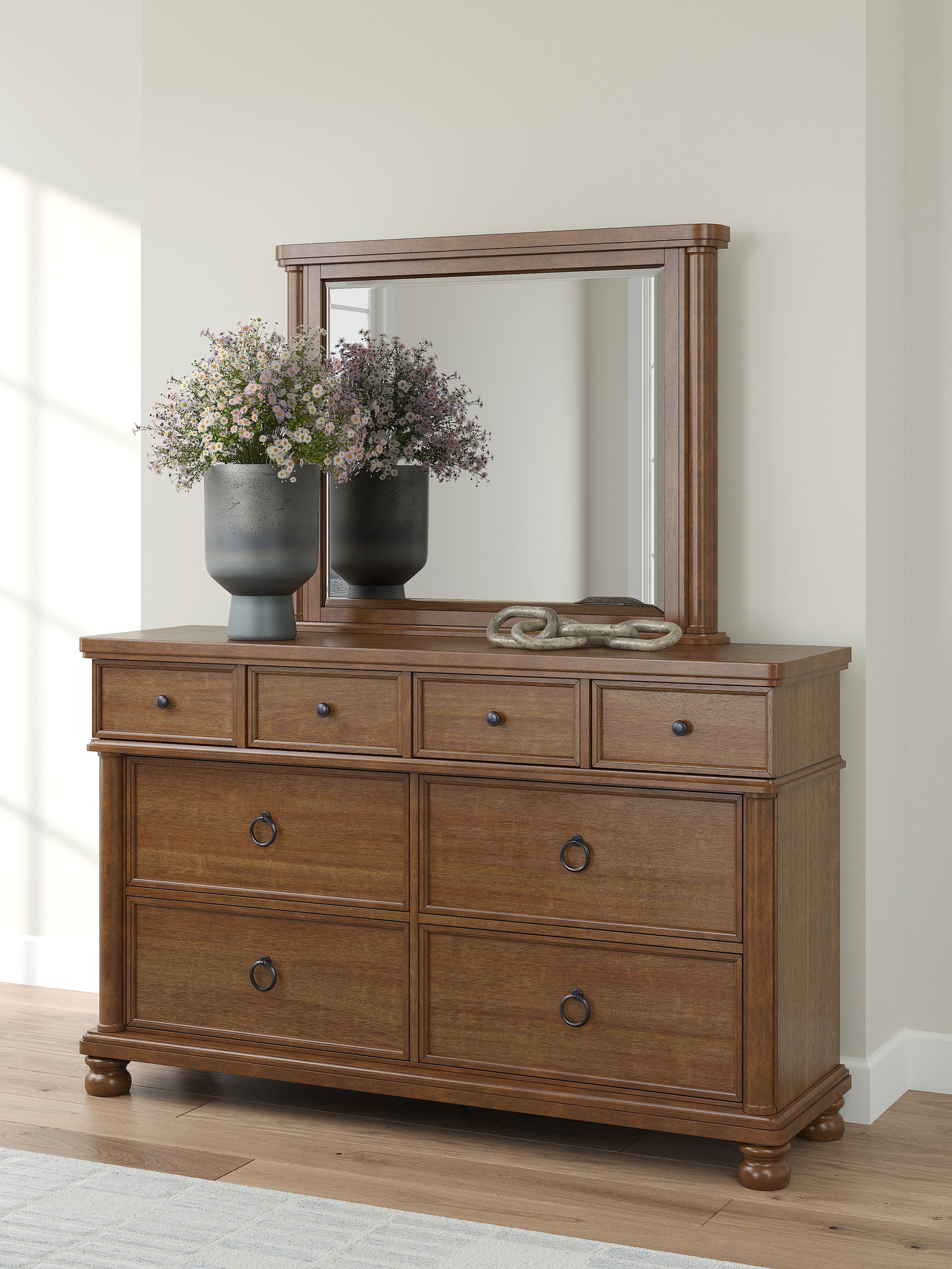Rowlenstown Brown Queen Poster Bed, Dresser and Mirror - Ornate Home