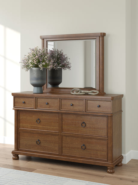 Rowlenstown Brown Queen Poster Bed, Dresser and Mirror - Ornate Home
