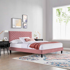 Roxanne Dusty Rose Tapered Wood Leg Performance Velvet Queen Platform Bed - Ornate Home