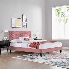 Roxanne Dusty Rose Tapered Wood Leg Performance Velvet Queen Platform Bed - Ornate Home