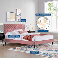 Roxanne Dusty Rose Tapered Wood Leg Performance Velvet Queen Platform Bed - Ornate Home