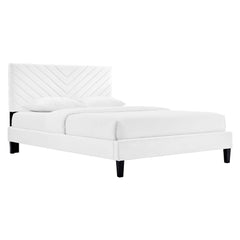 Roxanne White Tapered Wood Leg Performance Velvet Queen Platform Bed - Ornate Home