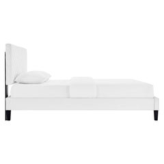 Roxanne White Tapered Wood Leg Performance Velvet Queen Platform Bed - Ornate Home