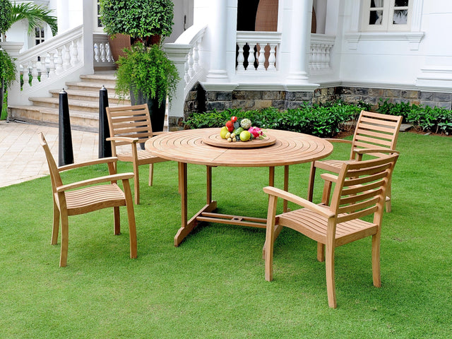 Royal 5-Piece Round Teak Wood Outdoor Dining Set with Lazy Susan and Stacking Armchairs - Ornate Home