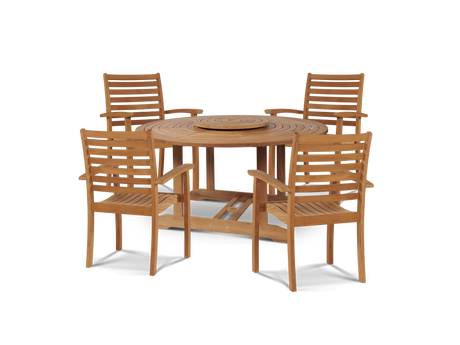 Royal 5-Piece Round Teak Wood Outdoor Dining Set with Lazy Susan and Stacking Armchairs - Ornate Home