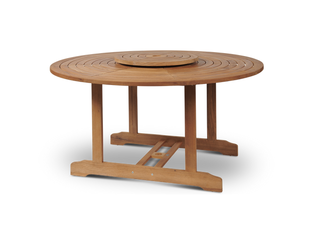 Royal 59-inch Round Teak Outdoor Dining Table with Lazy Susan and Umbrella Hole - Ornate Home