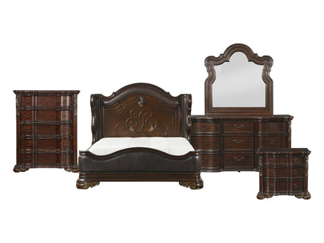 Royal Highlands Dark Cherry/Brown 5-Piece Queen Bedroom Set - Ornate Home