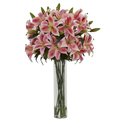 Rubrum Lily Artificial Arrangement in Cylinder Vase - Ornate Home