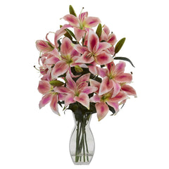 Rubrum Lily Artificial Arrangement in Vase - Ornate Home