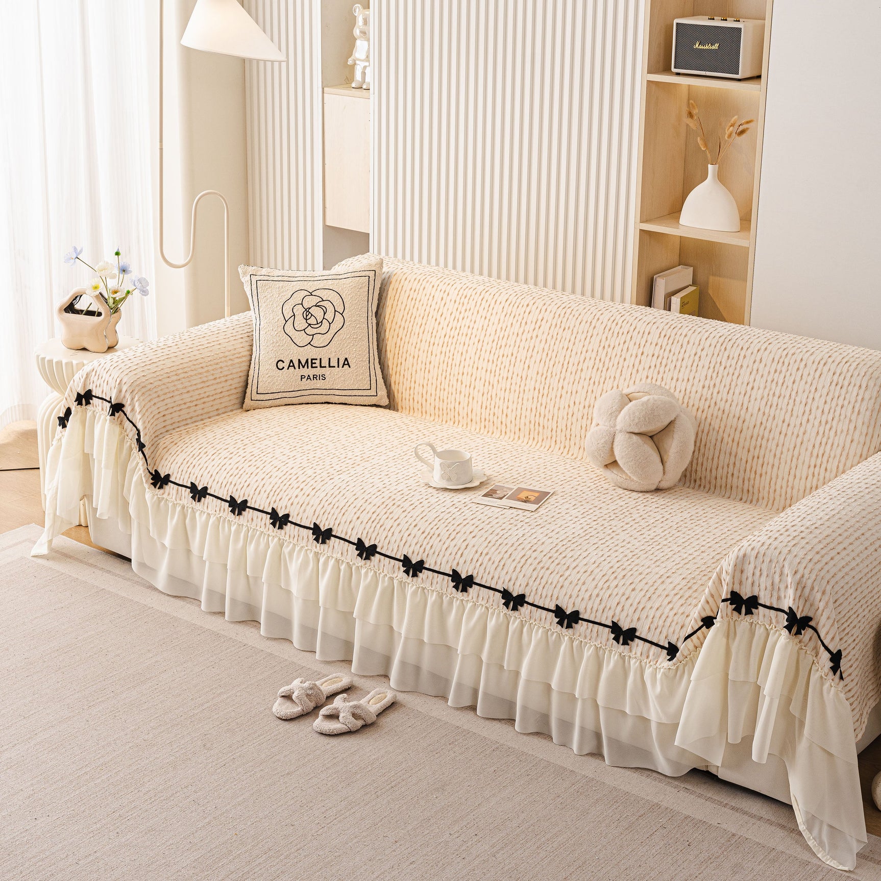Ruffled Sofa Cover with Bowknot Decor, French Country Style Skirted Couch Slipcover - Ornate Home