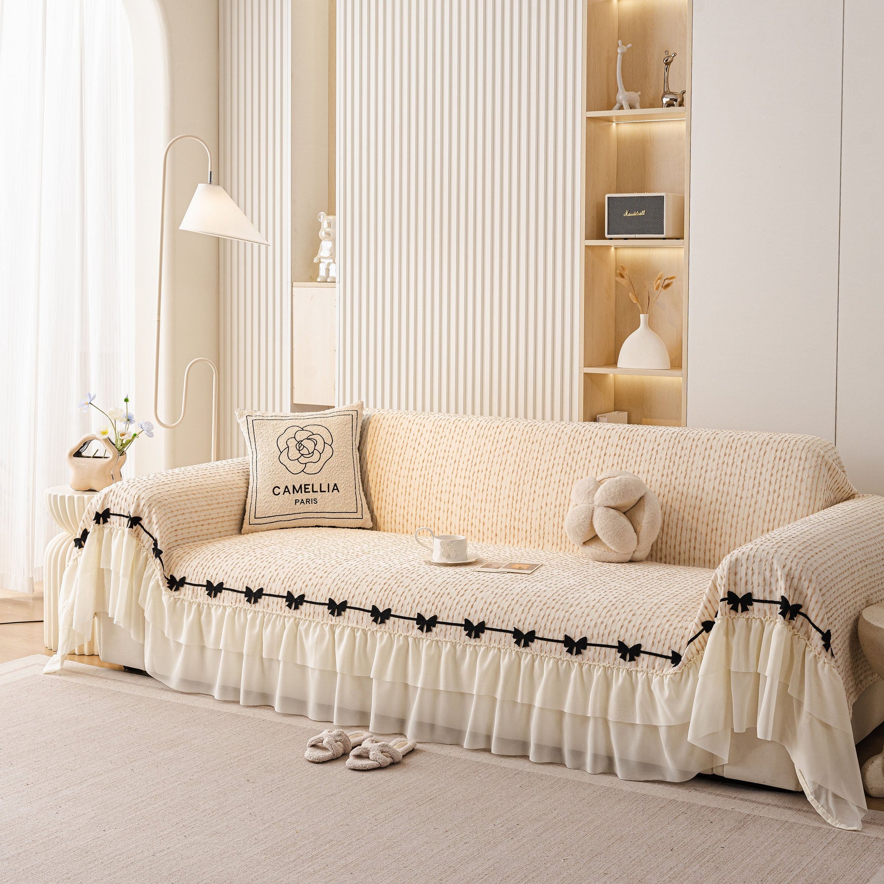 Ruffled Sofa Cover with Bowknot Decor, French Country Style Skirted Couch Slipcover - Ornate Home