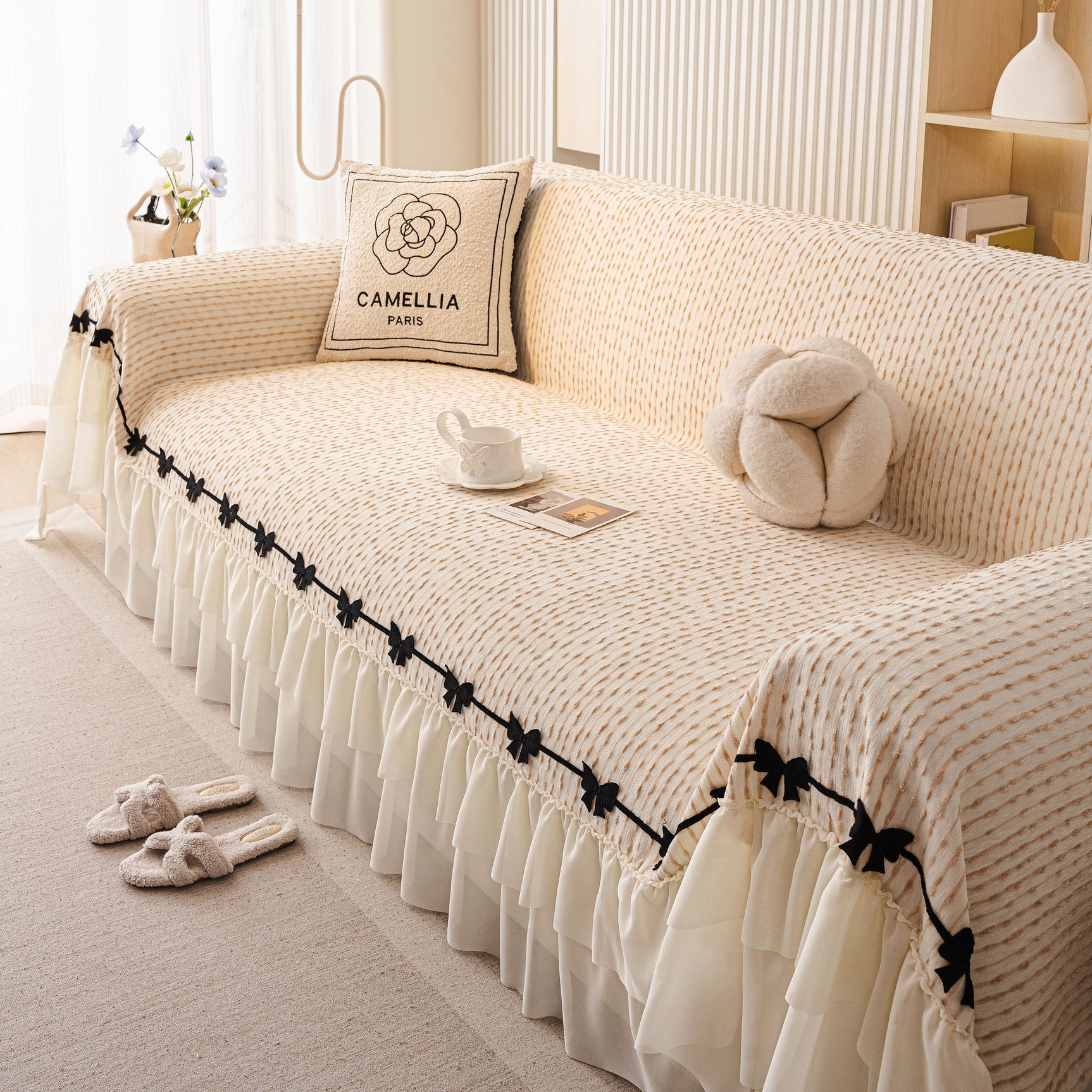 Ruffled Sofa Cover with Bowknot Decor, French Country Style Skirted Couch Slipcover - Ornate Home