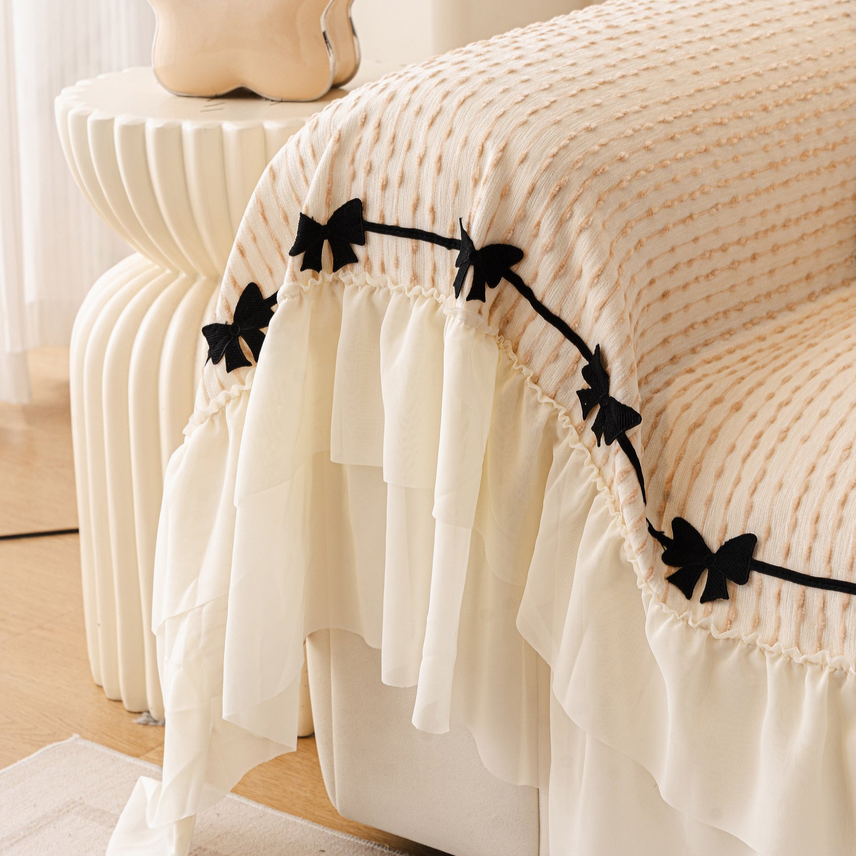 Ruffled Sofa Cover with Bowknot Decor, French Country Style Skirted Couch Slipcover - Ornate Home